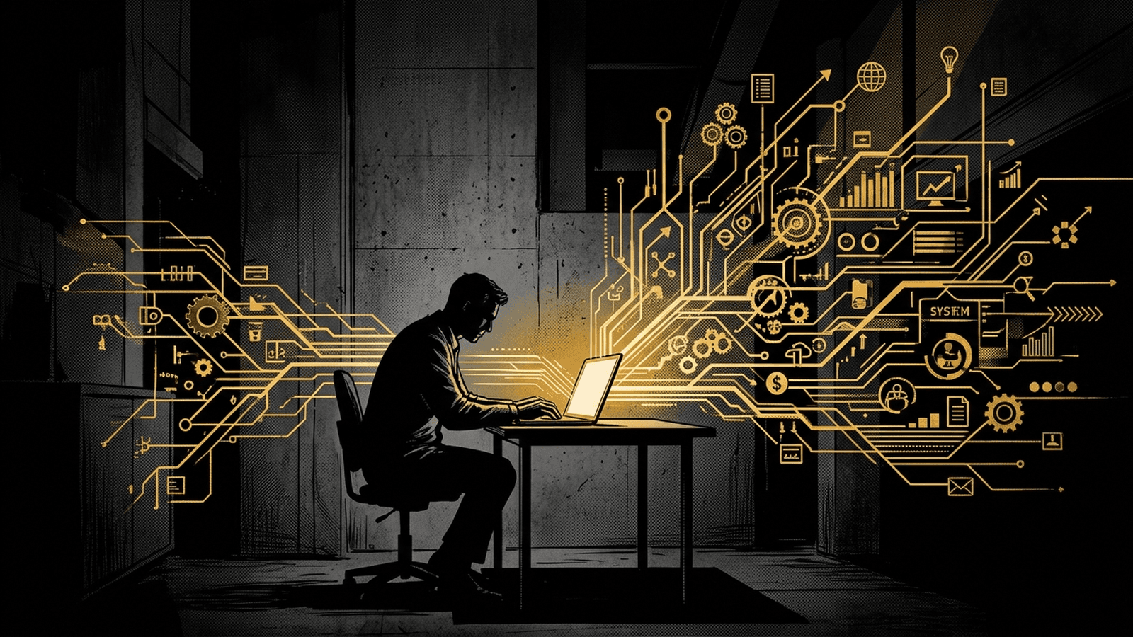 Conceptual illustration of a single marketer amplified by branching AI automation systems