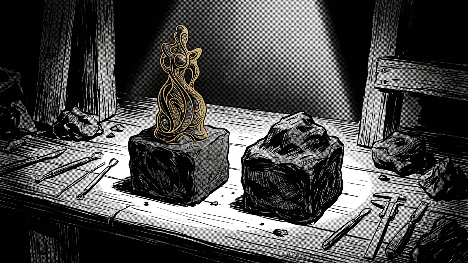 Noir comic illustration of two identical blocks of raw clay on a sculptor's workbench, one carved into an intricate gold sculpture and the other left untouched, showing the craft is the difference, not the tool