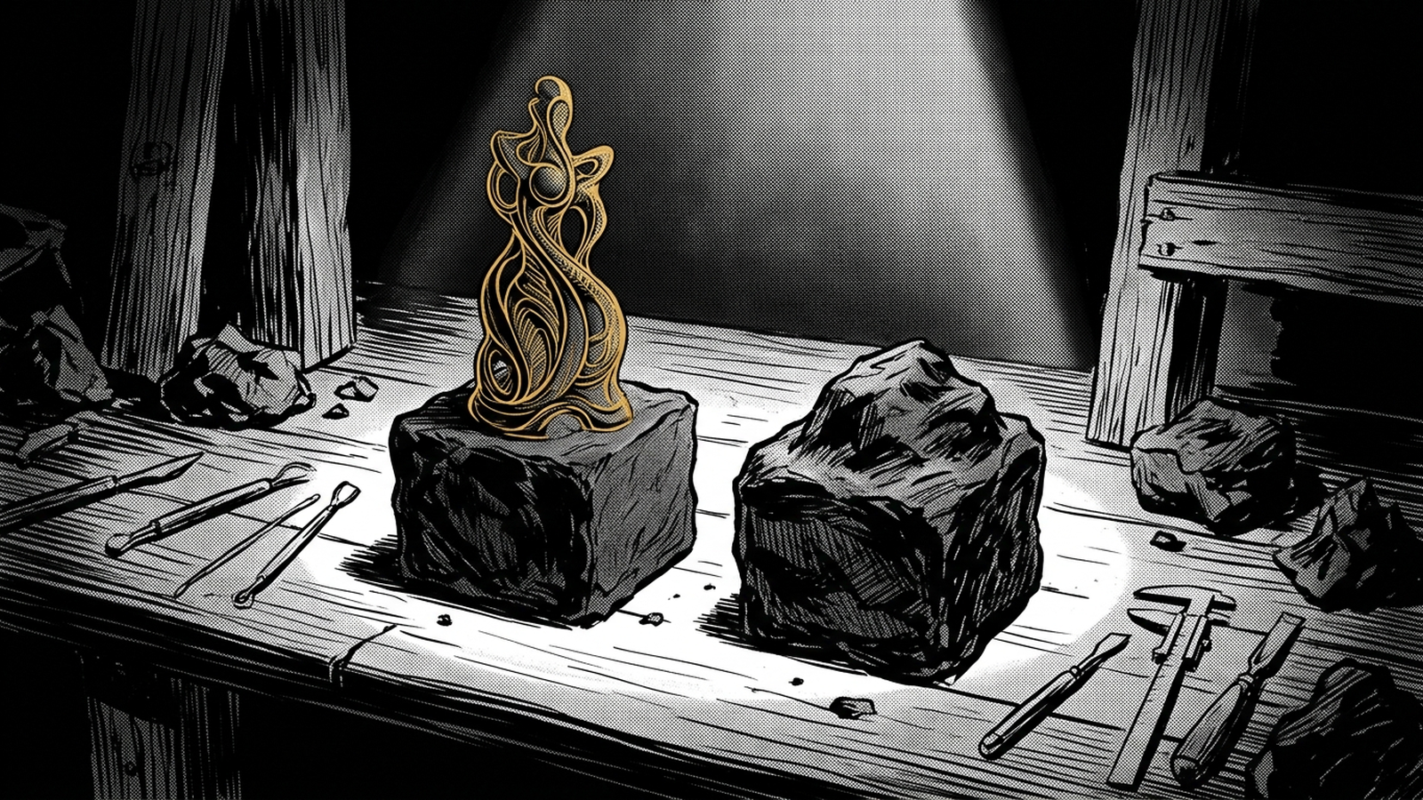 Noir comic illustration of two identical blocks of raw clay on a sculptor's workbench, one carved into an intricate gold sculpture and the other left untouched, showing the craft is the difference, not the tool
